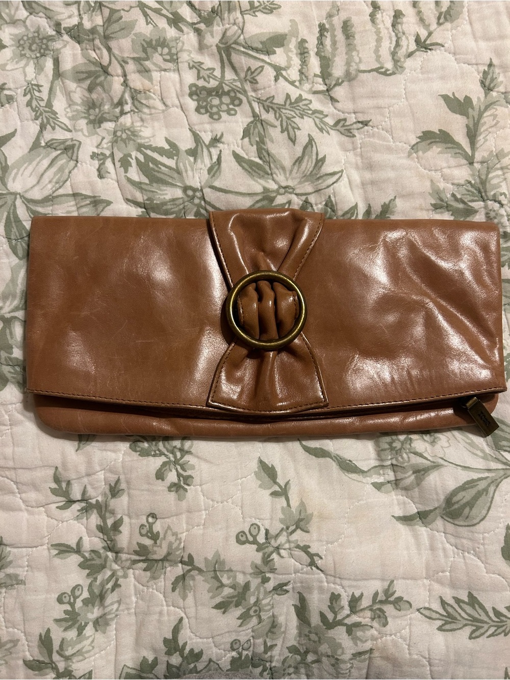 HOBO Tan Leather Fold-Over Clutch with Decorative Ring